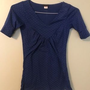 Blue top with tiny white polka dots